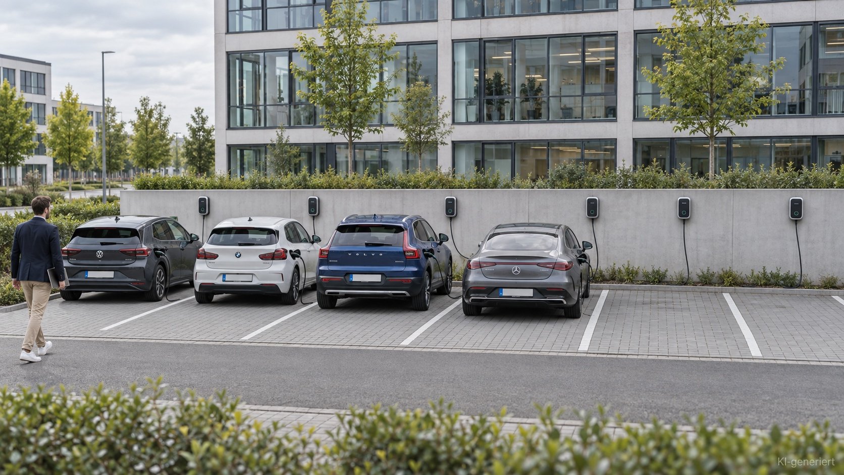eihe von Wallboxen auf einem Firmenparkplatz mit ladenden Dienstwagen