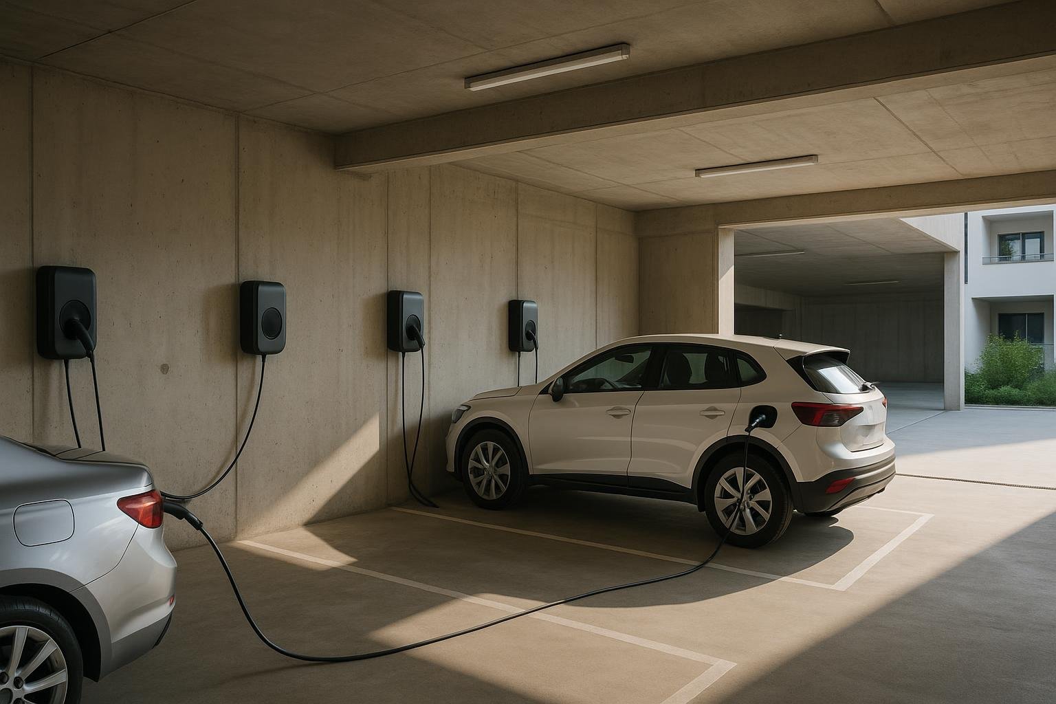 Wallboxen im Mehrparteienhaus mit ladenden E-Autos in einer Tiefgarage