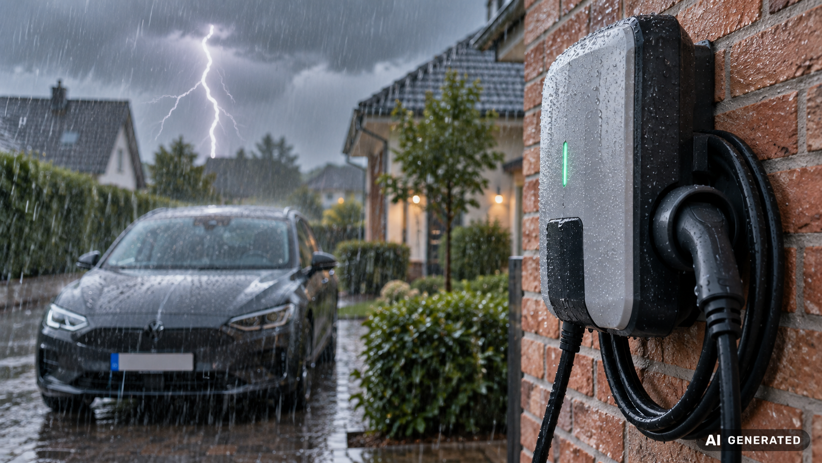Wallbox an einer Hauswand bei Regen, Wassertropfen perlen am Geh&auml;use ab