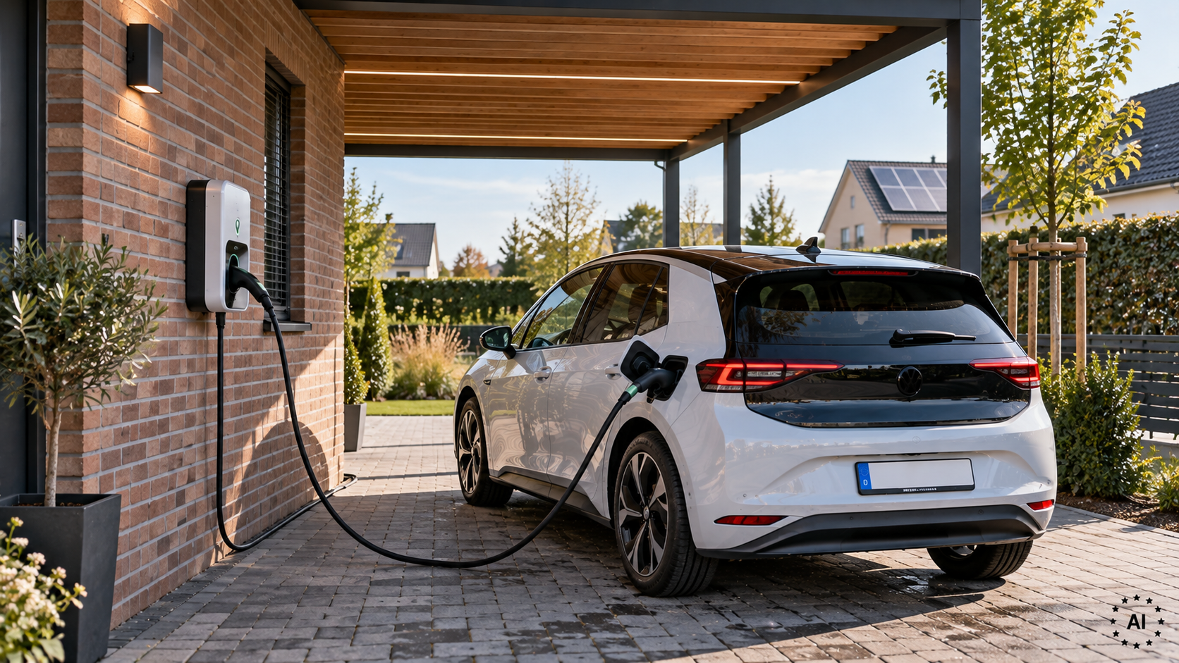  Wallbox an der Hauswand eines Einfamilienhauses, E-Auto lädt im Carport 