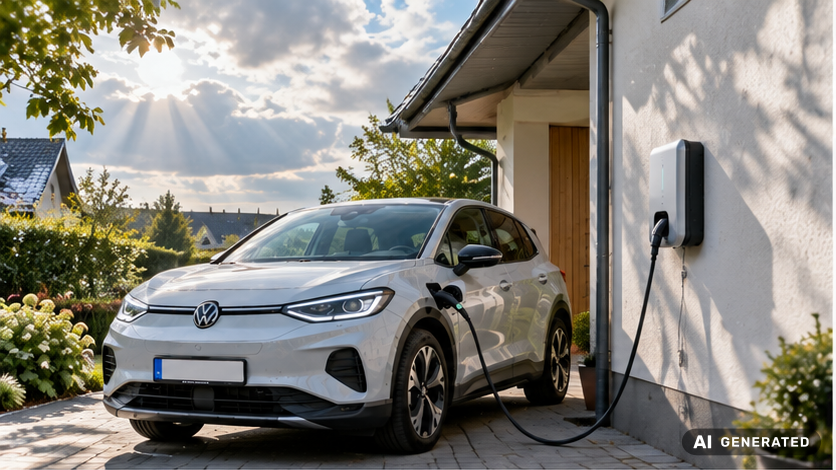 Wallbox an einer Hauswand mit ladendem Elektroauto bei wechselnder Bew&ouml;lkung
