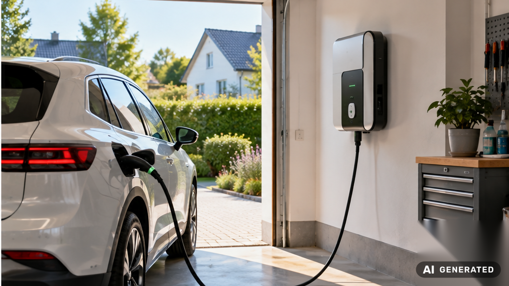Wallbox mit Energiez&auml;hler in einer deutschen Garage beim Laden eines E-Dienstwagens