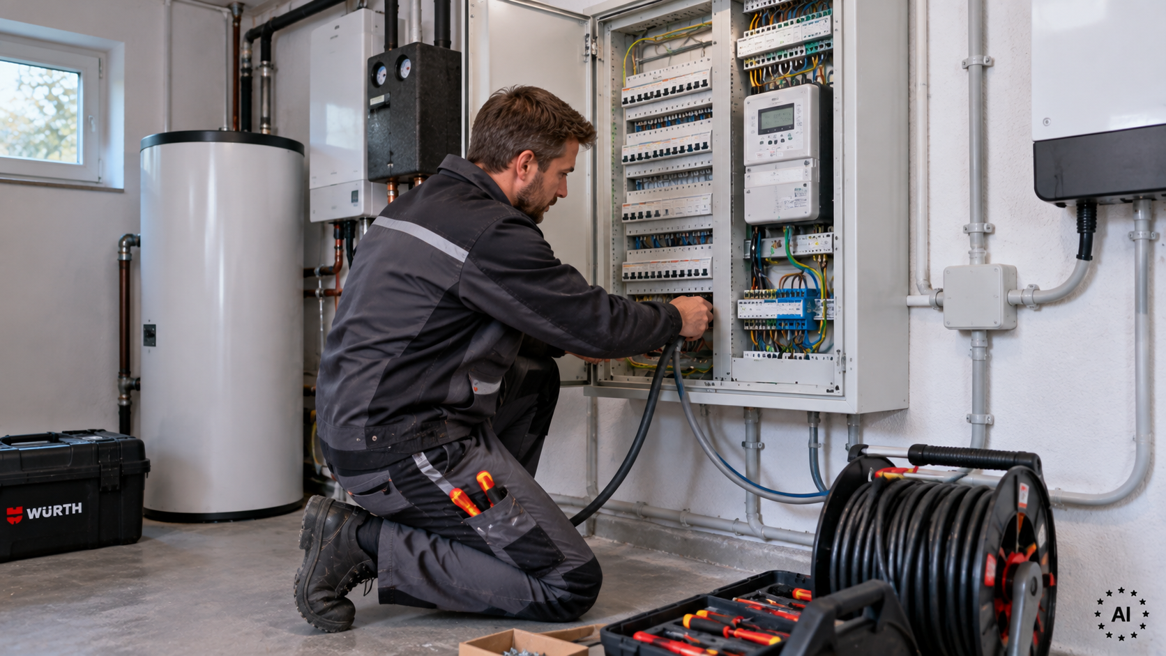 Elektrofachkraft arbeitet am Z&auml;hlerschrank f&uuml;r den Wallbox-Anschluss